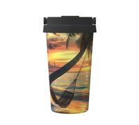 Coconut Beach Sunset Hammock Print Insulated Coffee Tumbler, 500ml Leakproof Stainless Steel Travel Mug, Double Walled, Hot & Cold Drinks - Perfect for Commuting, Office, Home