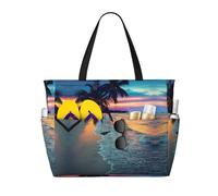 Coconut Beach Sunset Hammock Print Large Waterproof Beach Tote Bag for Women with Zip and Pockets Foldable Handbag for Travel Pool Shopping Holiday Gym