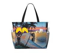 Coconut Beach Sunset Hammock Print Large Waterproof Beach Tote Bag for Women with Zip and Pockets Foldable Handbag for Travel Pool Shopping Holiday Gym