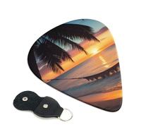 Coconut Beach Sunset Hammock Printed Guitar Picks, 6 Pack with Leather Keychain Pick Holder - 0.46mm, 0.71mm, 0.96mm Assorted Thickness for Acoustic Ukulele, Electric Guitar, Acoustic Guitar, Bass