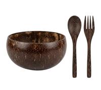 Coconut Bowl Set with Wooden Cutlery, Acai and Smoothie Bowl Collection, Natural Coconut Shell and Wooden Bowl for Fruit and Yogurt, Organic Coconut Water Serving Set with Three Bowls and Utensils