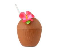 Coconut Cup with Straw - Pack of 1 - Brown Coconut Drink Cup with Attached Red Flower and Paper Straw - Perfect for Summer Tropical Beach Parties, Luau, and Poolside Fun