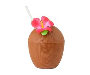 Coconut Cup with Straw - Pack of 1 - Brown Coconut Drink Cup with Attached Red Flower and Paper Straw - Perfect for Summer Tropical Beach Parties, Luau, and Poolside Fun