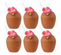 Coconut Cup with Straw - Pack of 6 - Brown Coconut Drink Cup with Attached Red Flower and Paper Straw - Perfect for Summer Tropical Beach Parties, Luau, and Poolside Fun