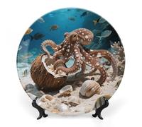 Coconut Octopus Bone China Decorative Plate with Display Stand, 8inch Porcelain Wall Hanging Plate for Home Office Decor, Elegant Round Ceramic Plates for Home Decor & Gift Idea