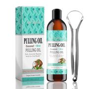 Coconut Oil Pulling Mouthwash with Tongue Scraper - Natural Mint Flavoured for Teeth Whitening - Fresh Breath & Gum Disease Care - Alcohol Free Oral Rinse for Adults (100ml)