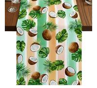 Coconut Palm Leaf Table Runner, Tropical Watercolor Leaves Red Orange Green Stripe Cotton and Table Linen Runner for Kitchen Dining Home Decor for Party Festival Holiday Decoration Gift 13x60in