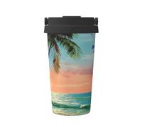 Coconut Palm Tree Sandy Beach 1 Print Insulated Coffee Tumbler, 500ml Leakproof Stainless Steel Travel Mug, Double Walled, Hot & Cold Drinks - Perfect for Commuting, Office, Home