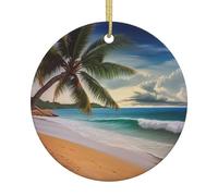 Coconut Palm Tree Sandy Beach Christmas Ceramic Round Ornament - Double Sided Print Xmas Tree Hanging Decoration With Gold String