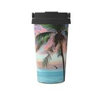 Coconut Palm Tree Sandy Beach Print Insulated Coffee Tumbler, 500ml Leakproof Stainless Steel Travel Mug, Double Walled, Hot & Cold Drinks - Perfect for Commuting, Office, Home