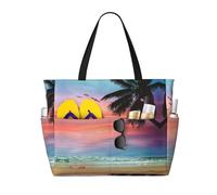 Coconut Palm Tree Sandy Beach Print Large Waterproof Beach Tote Bag for Women with Zip and Pockets Foldable Handbag for Travel Pool Shopping Holiday Gym