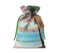 Coconut Palm Tree Sandy Beach Printed Christmas Drawstring Bags for Party Xmas Gift Wrapping, Green Christmas Ribbon, S