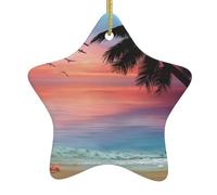 Coconut Palm Tree Sandy Beach Printed Christmas Tree Ceramic Ornament - Star Shaped Holiday Decoration, Xmas Hanging Keepsake