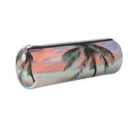 Coconut Palm Tree Sandy Beach Printed Leather Pencil Case Cute Stationery Organizer Round Makeup Bag Pen Pouch, Silver Zipper