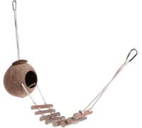 Coconut Shell Bird House with Wooden Ladder | 100% Natural Coconut Shell, Built-in Climbing Ladder, Metal Snap Hooks