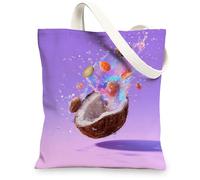 Coconut Splash Canvas Tote Bag, Vibrant Reusable Grocery Bags, Lightweight Colorful Shoulder Strap Bags, Violet, 13x15 Inch