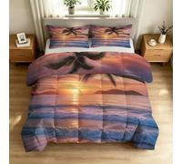 Coconut Tree Coverless Duvet Double 7.5 Tog All Seasons Reversible | Lightweight Tropical Island Bed Duvet 200x200 for Bedroom Soft Bedding Washable Quilt Set with 2 Pillowcase 50x75 cm