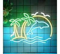 Coconut Tree Neon Signs, Sunrise Sea Wave Dolphin Neon Light for Wall Decor, LED Dimmable Light Up Sign USB Powered for Bedroom Living Room Bar Home Bar Birthday Party