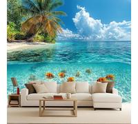Coconut Trees and Fish in The Sea Wallpaper Mural Tropical Natural Scenery Photo Wallpaper Coconut Trees and Fish in The sea 3D Wall Mural Non-Woven Premium Art Print Decoration Poster Picture