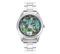 Coconut Trees Hawaiian Flowers Beach Quartz Watch Stainless Steel Wrist Watches for Men Women Easy to Read