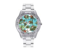 Coconut Trees Hawaiian Flowers Beach Quartz Wrist Watch Stainless Steel Watches for Men Women Easy to Read