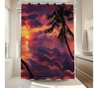 Coconut Trees Shower Curtain 180x220cm Polyester Fabric Bath Curtains Waterproof Machine Washable Quick-Drying Bathroom Curtains Weighted Hem Hooks Rings Bathtub Wet Room Accessories (Sunset) ZO-863