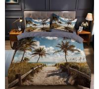 Coconut Trees Single Bed Duvet Cover Set Path leading to the beach Bedding Sets Girls Boys Kids Soft Easy Care Bed Microfibre Quilt Cover 135x200 cm with Pillow Case