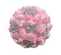 cocoontail Handmade Satin Bridal Bouquet with Rhinestones & Pearls - 7.08” Artificial Wedding Bouquet for Bride, Bridesmaids, Photography, 4 Colors(Pink)