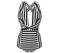 COCOSHIP Retro One Piece Backless Bather Swimsuit High Waisted Pin Up Swimwear(FBA), Blackwhite(cross), 3X-Large