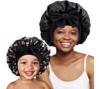 COCPOK Baby Bonnet Set,Silk Bonnet for Kids and Women,Adjustable Hair Bonnet for Women Girl Kids Toddler Sleeping Caps,Satin Bonnet for Sleeping with Tie Band(Black)