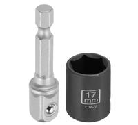 CoCud Shallow 6-Point Impact Socket 3/8" Drive 17mm Metric Socket 30mm Long | with 3/8" to 1/4" Hex Shank Adapters 50mm CR-V Steel Sockets Adapter Accessory Tool Set Kit for Hex Bolts Nuts