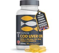 Cod Liver Oil Capsules High Strength 1000mg 90 Omega 3 Softgels, EPA DHA Vitamin A, Vitamin D3, 3 Month Supply, Heart, Brain, Eye Health and Immune System Support, Gluten Free, UK Made, by Transforme