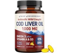 Cod Liver Oil Softgels 1000MG | Omega 3 + Vitamin A & D3 | Wild Caught Cod Liver Oil, Icelandic Sourced & Molecularly Distilled | EPA DHA Omega 3 Supplement for Bone, Eye & Immune Health | 60 Ct