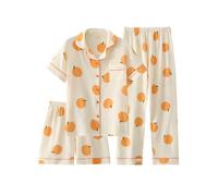codcm Womens 3pcs Cotton Pajamas Set Short Sleeve Sleepwear Fruit Print Cute Pj Set with Long Pants, Beige, XXL