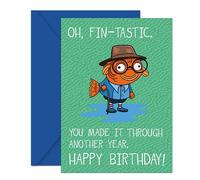 Coddies - Funny Happy Birthday Card - Fish Pun Greeting Card for Men & Women - 'Oh, fin-tastic. You made it through another year. Happy Birthday!' - Fishing Humour for Dad, Husband or Son