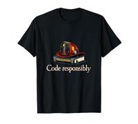 Code Responsibly IT Reboot Humor Firefighter Helmet Book T-Shirt