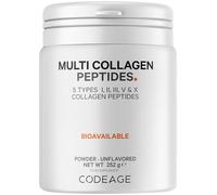 Codeage Multi Collagen Protein Peptides Powder, 5 Types, Grass-Fed, 252g | Hydrolyzed types I, II, III, V & X. Bovine, fish, chicken, eggshell. Grass-fed. Unflavored. Non-GMO.