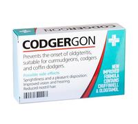 Codgergon joke imitation pill box, bag and labels. Great prank, fun idea for Birthdays, Father's Day, Christmas, Secret Santa.