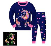 Codkkre Girls Pyjamas Unicorn Pjs Sleepwear Long Sleeve Cotton Christmas Pyjamas Outfit for Kids 2pcs, Glow in the Dark/Unicorn, 3-4 years