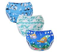 Codkkre Swimming Nappy Reusable Swim Baby Nappies Adjustable Size Washable Pack of 3 Nappies for Swimming Lessons 0-3 Years(Penguin+Whale+Fish)