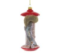 Cody Foster & Co Pesky Squirrel on Bird Feeder Glass Ornament - Red Feeder with Fuzzy Tail - 4.75" Tall - Funny Holiday Animal Decoration for Tree