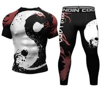 Cody Lundin Men's compression Set Short Sleeve Top Long pant for Outdoor Sportswear Print Cool Dry Base layer Shirt for Running Training Sport Shirt Sweat-free Sports Pants Tai Chi M