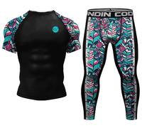 Cody Lundin Men's compression Set Short Sleeve Top Long pant for Outdoor Sportswear Print Cool Dry Base layer Shirt for Running Training Sport Shirt Sweat-free Sports Pants Geometric Leaves XXL