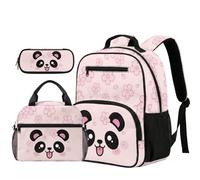 COEQINE 3 In 1 Cute Panda Backpack For Girls with Lunch Box Set Pink Vintage Floral School Shoulder Bag Big Pen Case Daypack for Kindergarten Preschool,34.2 cm