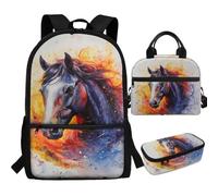 COEQINE 3 in 1 Watercolor Horse Backapck for Girls 10-12 for School Lightweight Toddler Book Bag Lunch Box and Pencil Box Set for Girls 17 inch Elementary School Bag Set for Kids 4-6 Years Girls