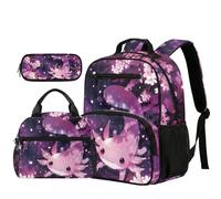 COEQINE 3 Piece Axolotl Girls Backpack With Water Bottle Pocket School Snack Bag with Large Pencil Case for Toddler Pink Vintage Floral Kindergarten Preschool Daypack Back to School Gifts,34.2 cm