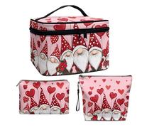 COEQINE 3 Piece Makeup Bag Set Pink Lovely Gnome Print Women Travel Makeup Brushes Case with Handles Large Capacity Cosmetic Organizer with Waterproof Soft Cover for Travel Work Office