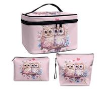 COEQINE 3 Piece Makeup Bag Set Pink Owl Print Travel Makeup Bag Women Work Office Portable Large Cosmetic Case with Zipper Waterproof Travel Wash Bag with Zipper Valentine Gift for Her