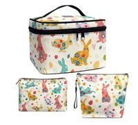COEQINE 3 Piece Makeup Bag Set Travel Toiletry Bag for Women Colorful Easter Eggs Bunny Gift for Ladies Portable Leather Makeup Organizer for Travel Wash Bag Leather Wateproof Makeup Accessories