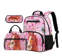 COEQINE 3 Piece Pink Kids Backpack With Lunch Box Set Girl School Shoulder Bag Big Pencil Pouch with Zipper Travel Rucksack for Kindergarten Pre, Horse Vintage Floral Printed,34.2 cm
